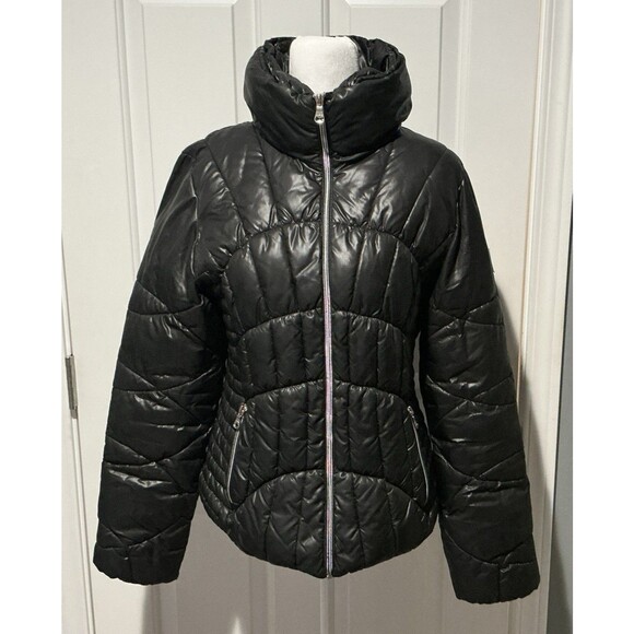 GUESS Coat Quilted Puffer Jacket Zipper Logo Black Women’s Size L - Picture 1 of 7